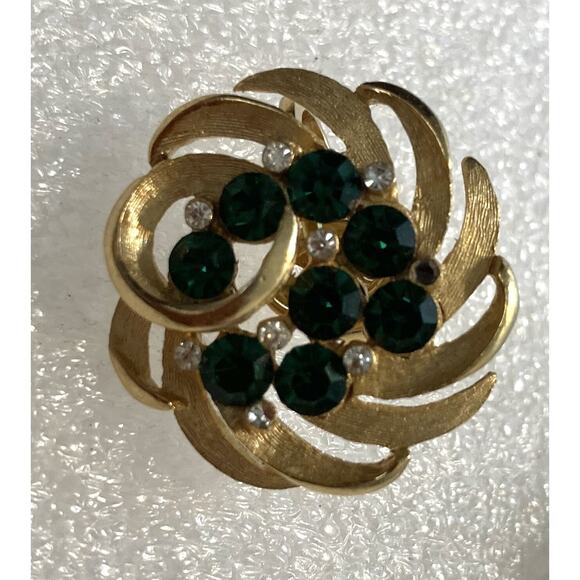 VTG CROWN TRIFARI RHINESTONE GREEN SPIRAL Gold Tone BROOCH EARRINGS SET - Picture 8 of 9